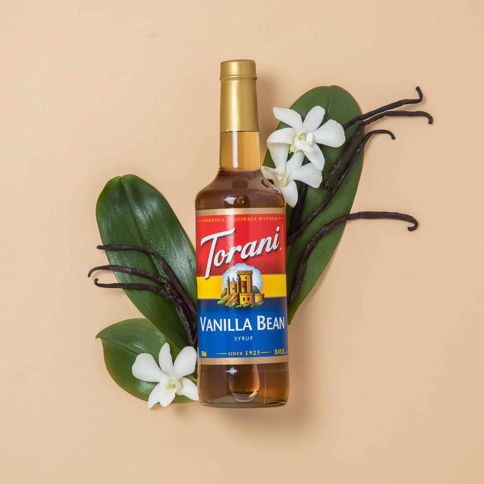 Torani syrup with vanilla beans and orchid leaves
