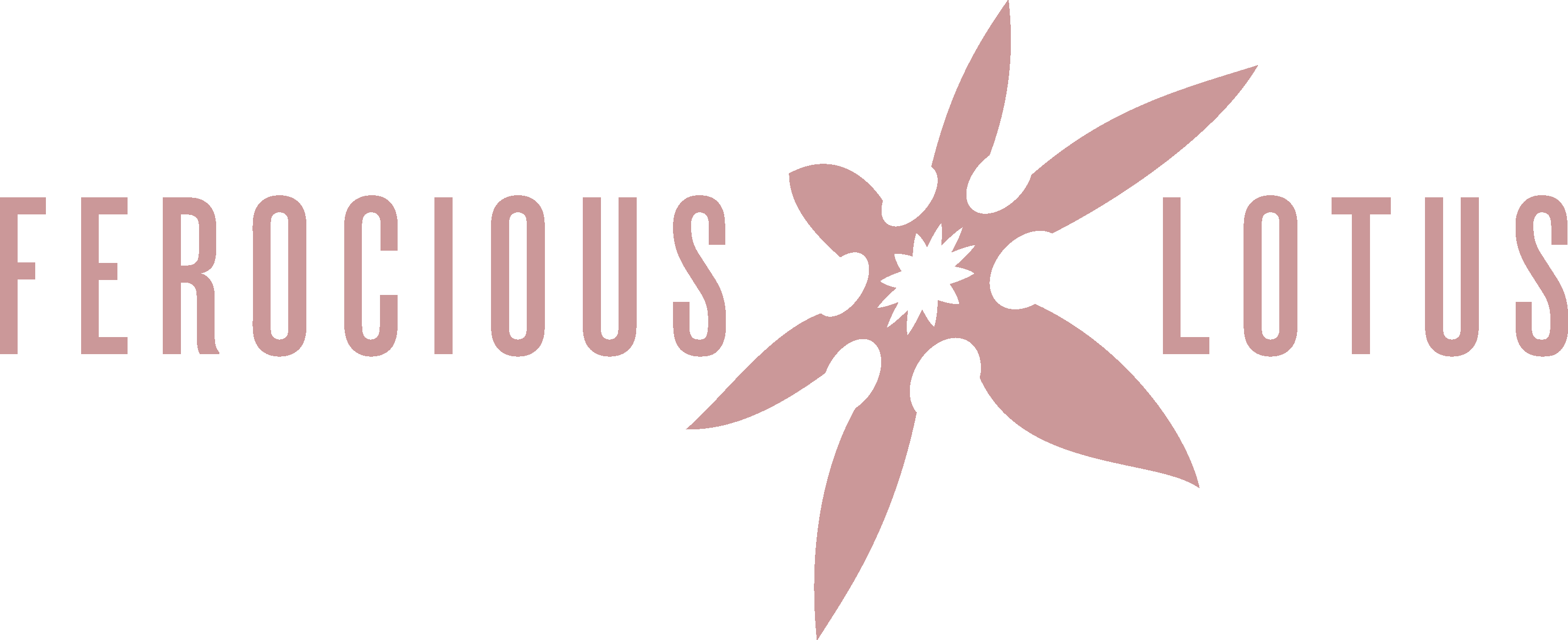 Logo for Ferocious Lotus Theater Company. The symbol is a ninja star in perspective, the blades of which are lotus leaves. The symbol is placed in between the words "Ferocious Lotus" set in all caps in a modern sans-serif typeface