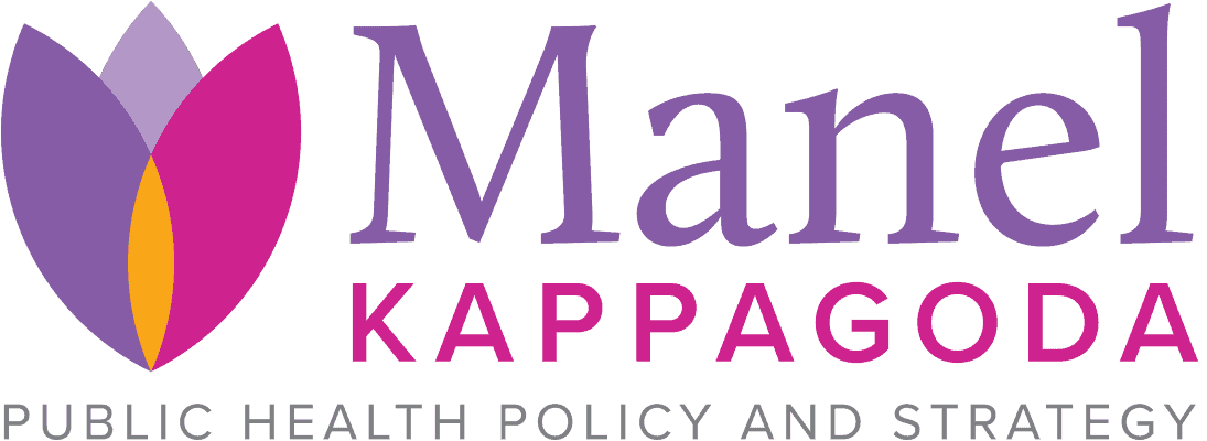 Logo for Manel Kappagoda -- the symbol is a stylized water lily with three petals in purple and violet hues, overlapping to reveal a golden stamen, next to a large "MANEL" in a humanist serif, underneath that "KAPPAGODA" in a modern sans, with "Public Health Policy & Strategy" underneath that