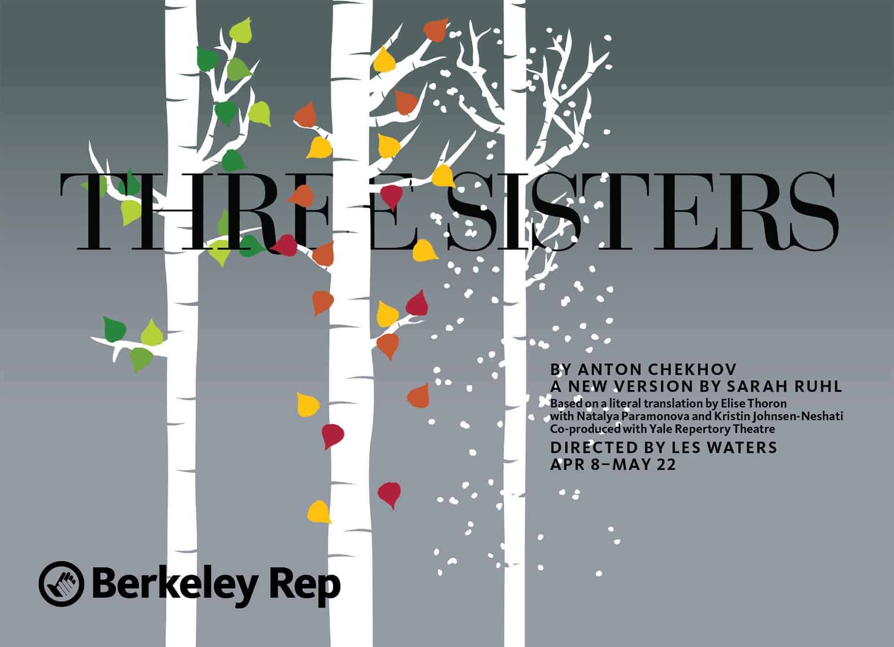 Poster for Sarah Ruhl's adaptation of Chekhov's "Three Sisters," directed by Les Waters at Berkeley Rep. The title is woven in front of and behind three stylized birch trees, each in a different season: summer, fall, and winter, evoking the personalities of the sisters.