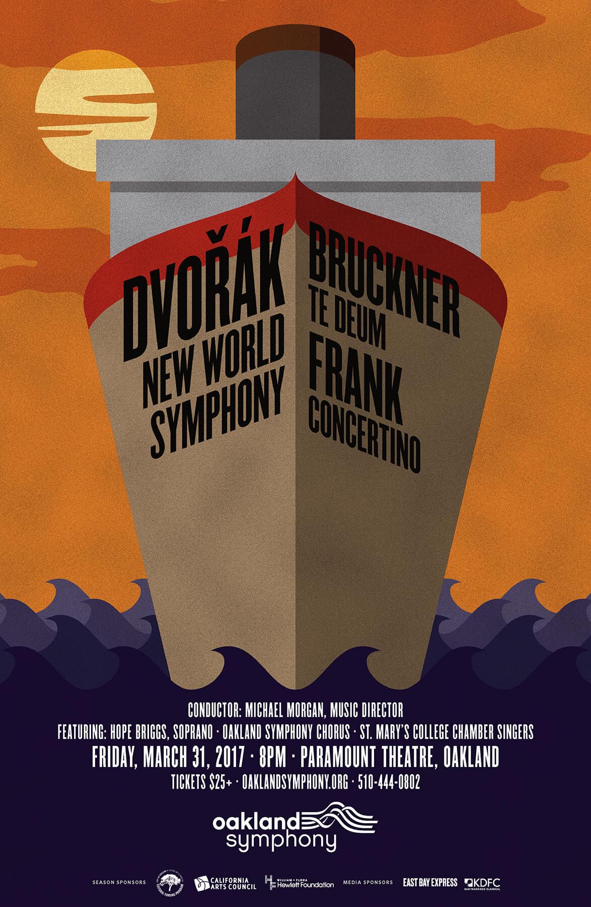 Poster for Oakland Symphony for a program featuring Dvořák's "New World Symphony." The image is evocative of a classic early 20th century travel poster for an ocean liner with the composers and titles on the bow of the ship.