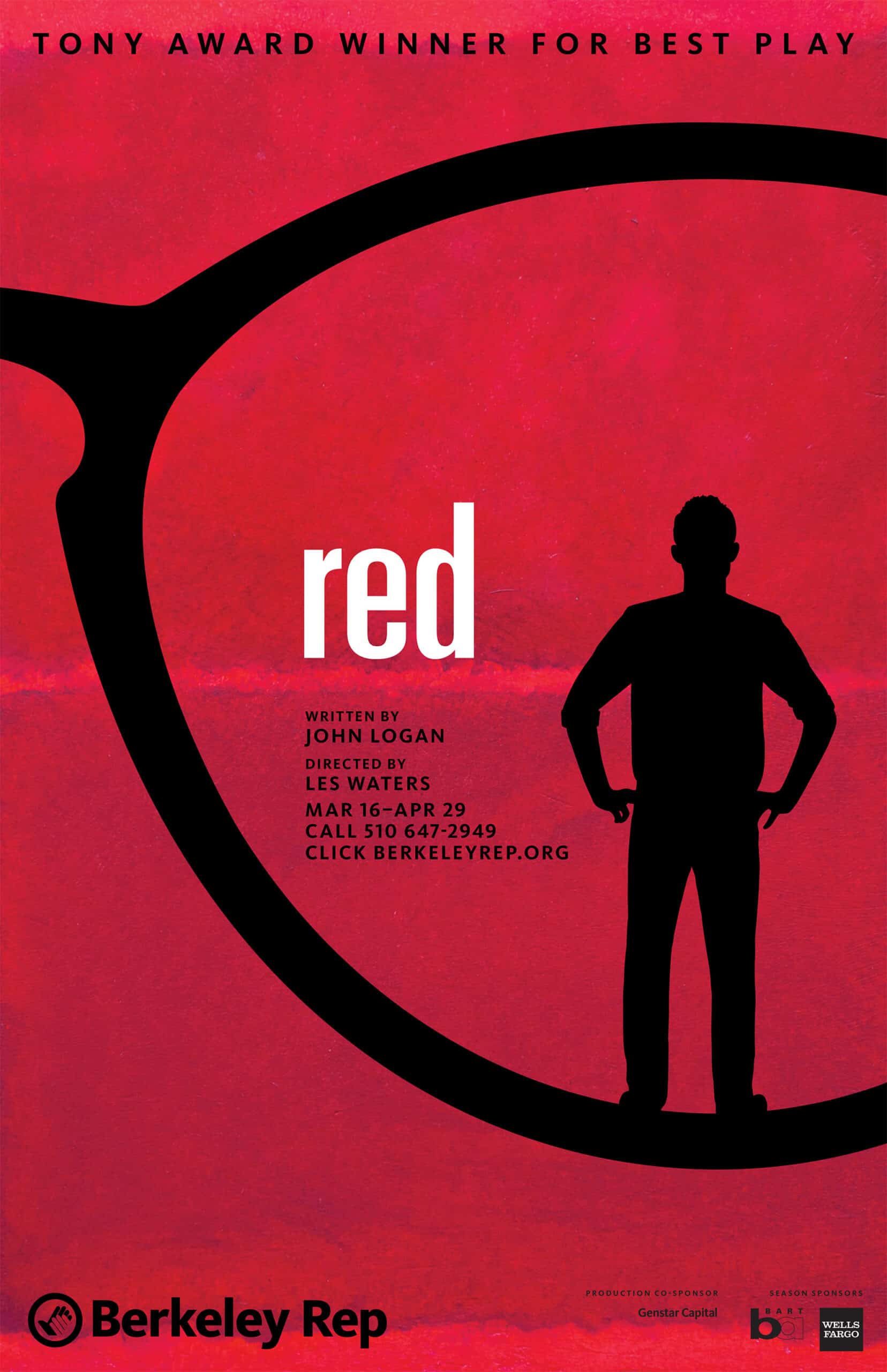 Poster for John Logan's "Red" at Berkeley Rep. The background image is a red painting in the style of Mark Rothko. The foreground is an extreme closeup of a simplified silhouette section of eyeglasses like those worn by Rothko. A small man in silhouette stands inside the lens, his feet on the bottom rim of the lens. The image represents the younger artist dominated by the gigantic presence of Rothko.