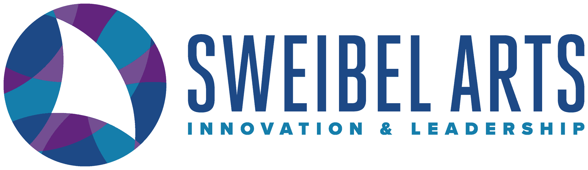 Logo for Sweibel Arts Innovation and Leadership, a circle with overlapping circles within it, creating multihued curved segments like waves in blues and purples, with several segments combined into a white sail filled with air, next to "SWEIBEL ARTS INNOVATION & LEADERSHIP" in modern sans-serif typefaces